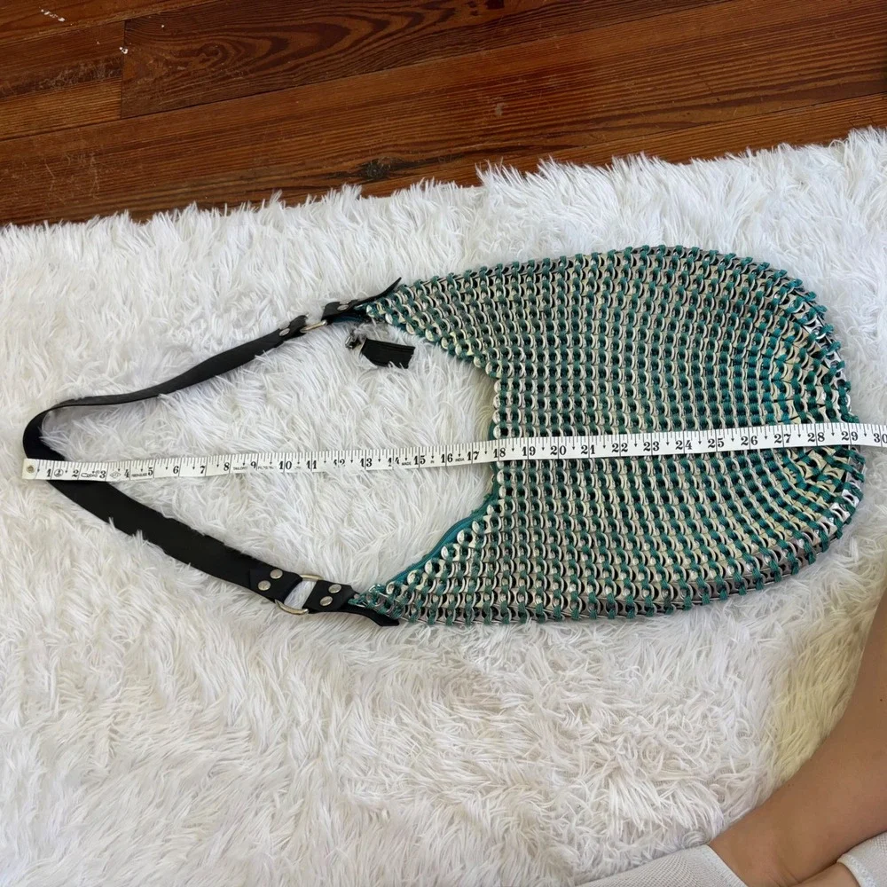 Escama Studio Soda Pop Tab Shoulder Bag Teal Crochet Chainmail Hobo Purse Silver